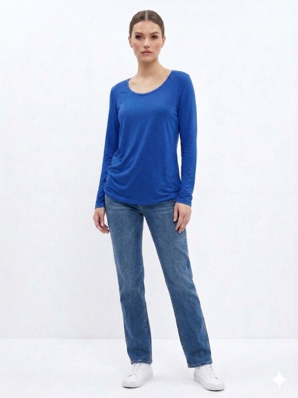 Classic Scoop Neck Long-Sleeve Top - Cobalt Blue Up To Size 3XL